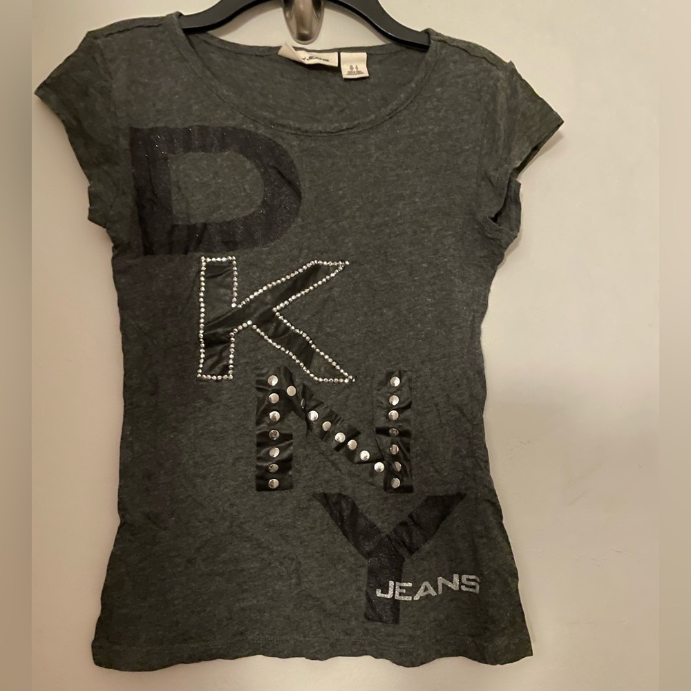 DKNY Dark gray with black lettering T-shirt. Size small.